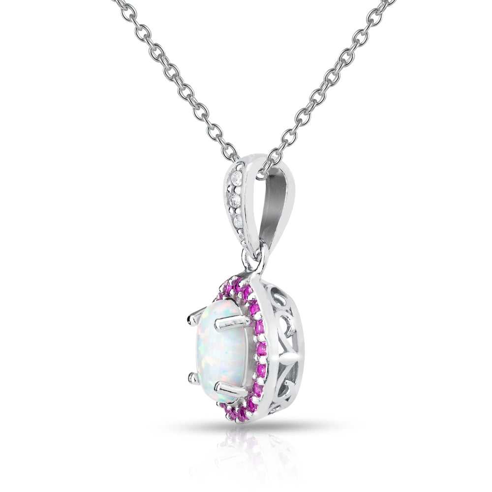 Sterling Silver Created White Opal and Ruby Oval Halo Necklace-3