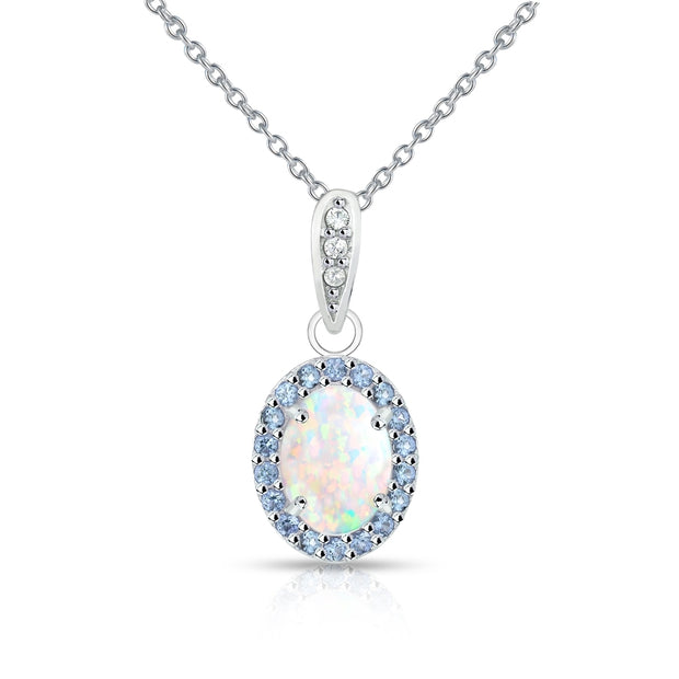 Sterling Silver Created White Opal and Tanzanite Oval Halo Necklace