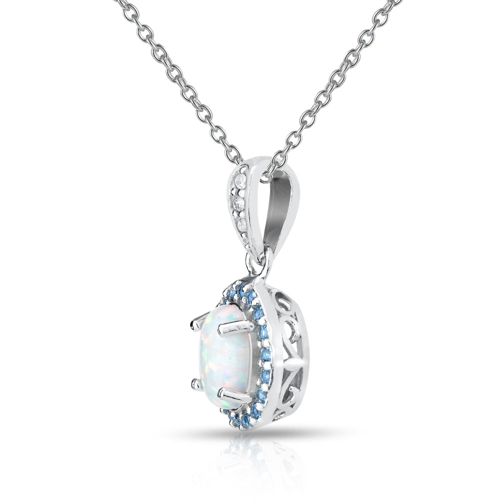 Sterling Silver Created White Opal and Tanzanite Oval Halo Necklace-3
