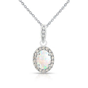 Sterling Silver Created White Opal and Morganite Oval Halo Necklace
