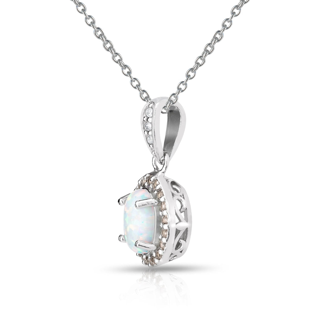 Sterling Silver Created White Opal and Morganite Oval Halo Necklace-3