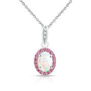 Sterling Silver Created White Opal and Garnet Oval Halo Necklace
