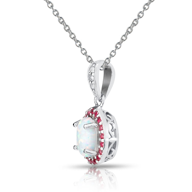 Sterling Silver Created White Opal and Garnet Oval Halo Necklace