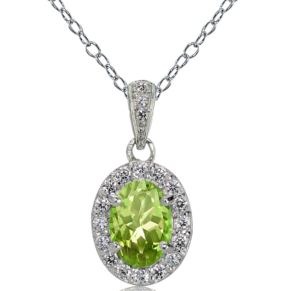 Sterling Silver Peridot and White Topaz Oval Halo Necklace