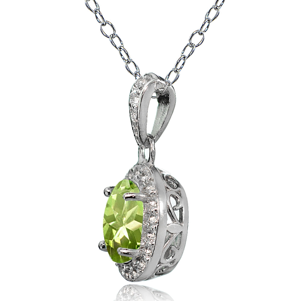Sterling Silver Peridot and White Topaz Oval Halo Necklace-2