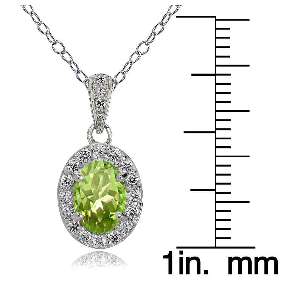 Sterling Silver Peridot and White Topaz Oval Halo Necklace-3