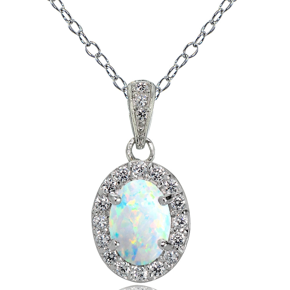 Sterling Silver Created Opal and White Topaz Oval Halo Necklace
