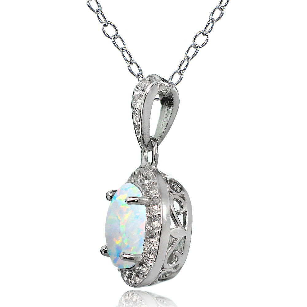 Sterling Silver Created Opal and White Topaz Oval Halo Necklace-2
