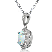 Sterling Silver Created Opal and White Topaz Oval Halo Necklace