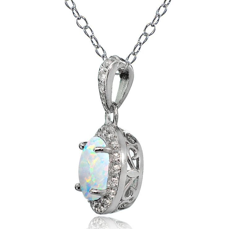 Sterling Silver Created Opal and White Topaz Oval Halo Necklace