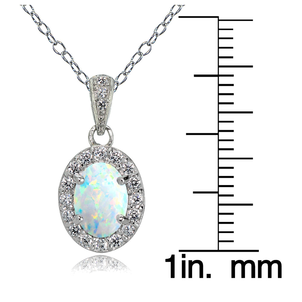Sterling Silver Created Opal and White Topaz Oval Halo Necklace-3