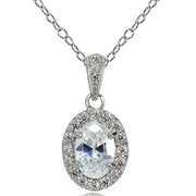 Sterling Silver Cubic Zirconia Oval Halo Necklace