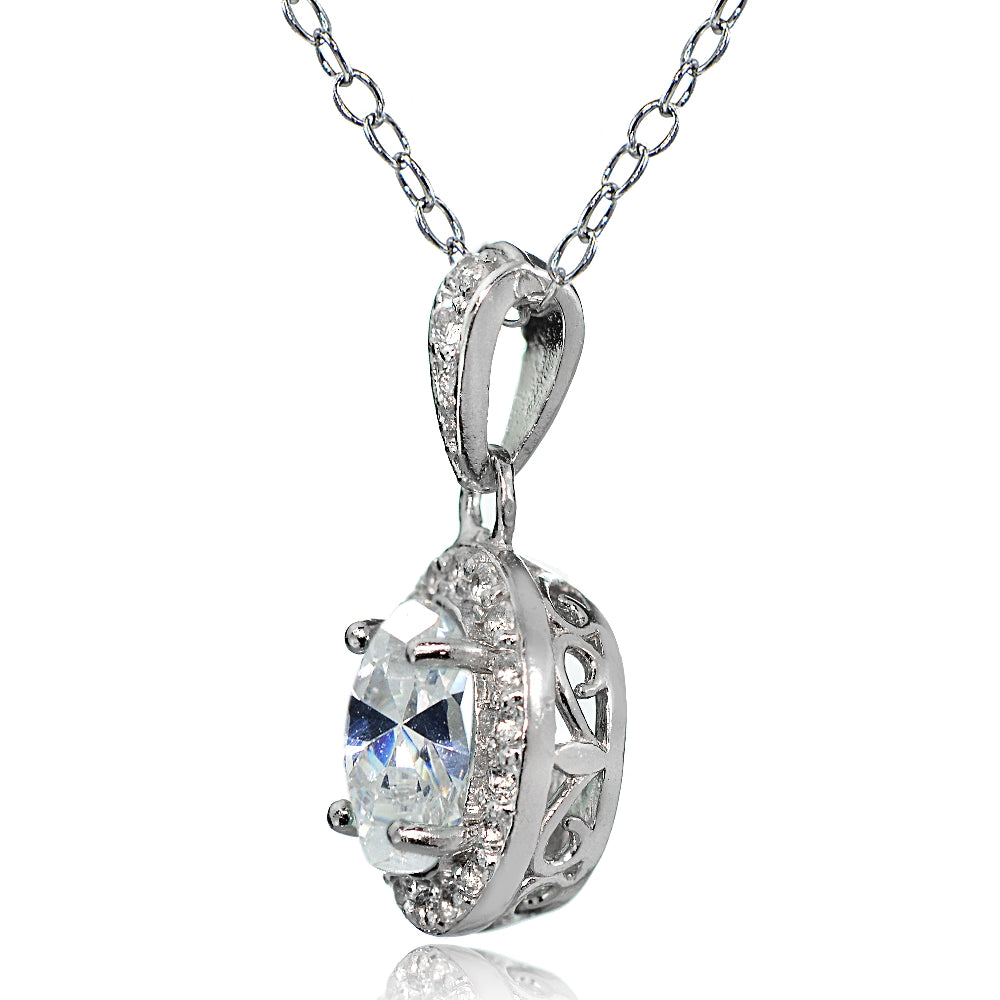 Sterling Silver Cubic Zirconia Oval Halo Necklace-2