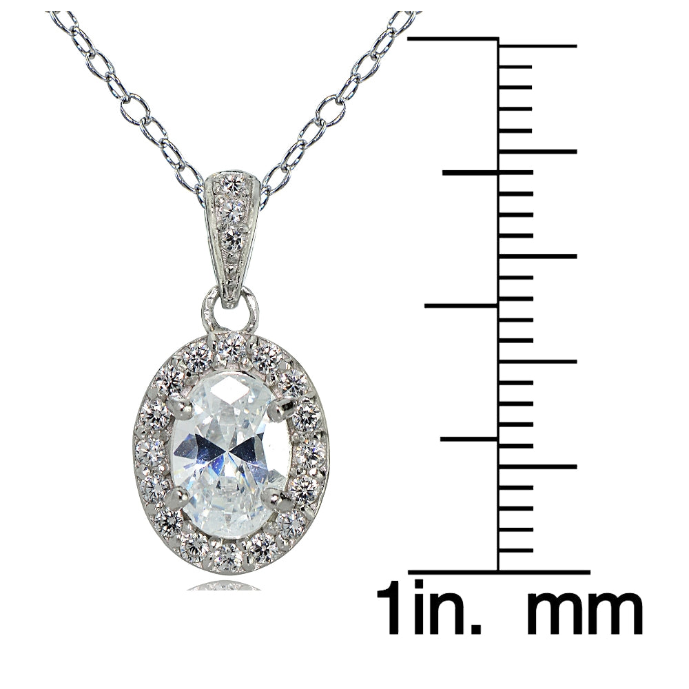 Sterling Silver Cubic Zirconia Oval Halo Necklace-3