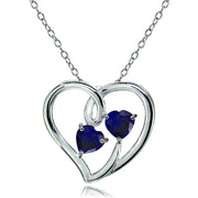 Sterling Silver Created Blue Sapphire Double Open Heart Necklace