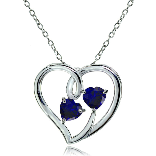 Sterling Silver Created Blue Sapphire Double Open Heart Necklace