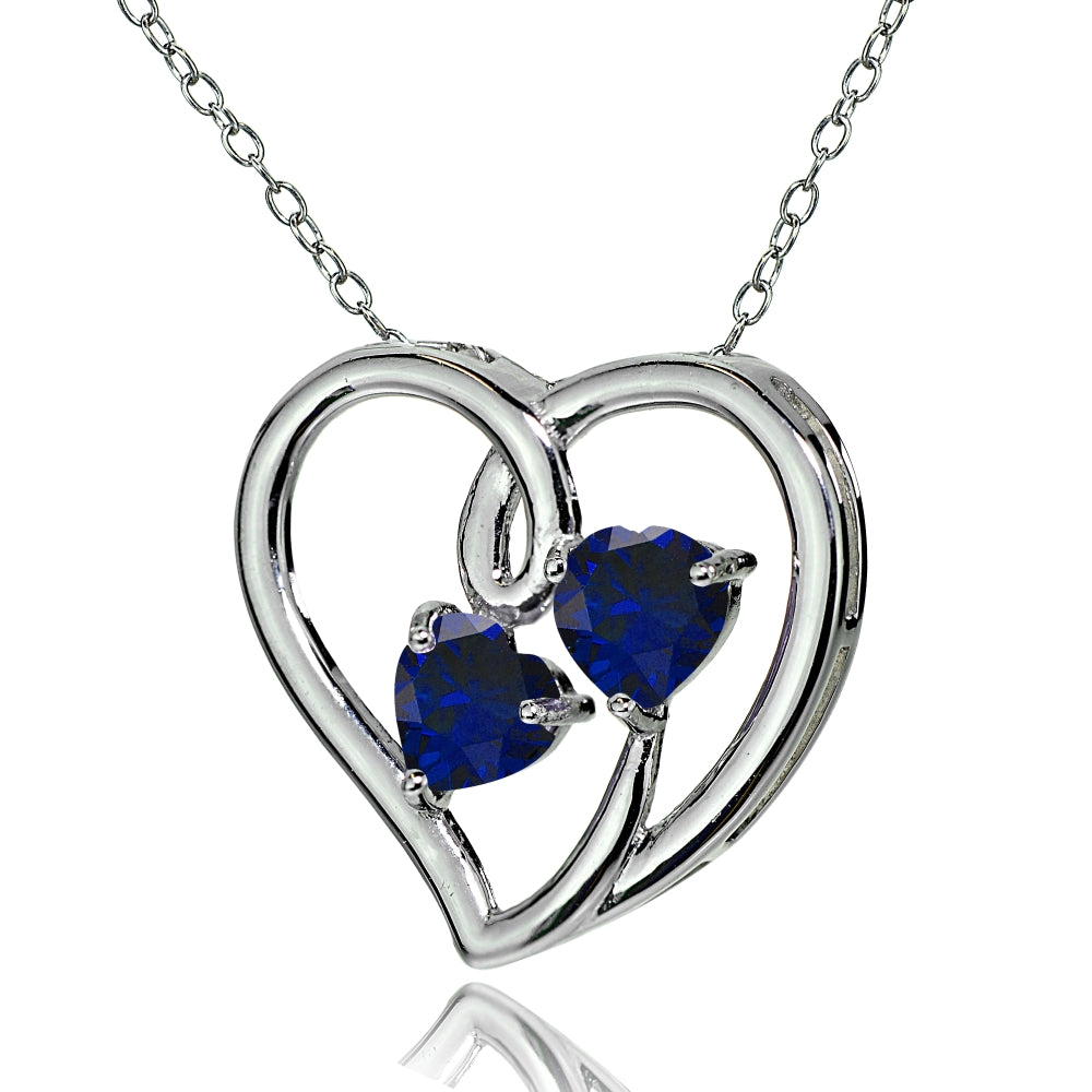 Sterling Silver Created Blue Sapphire Double Open Heart Necklace-2