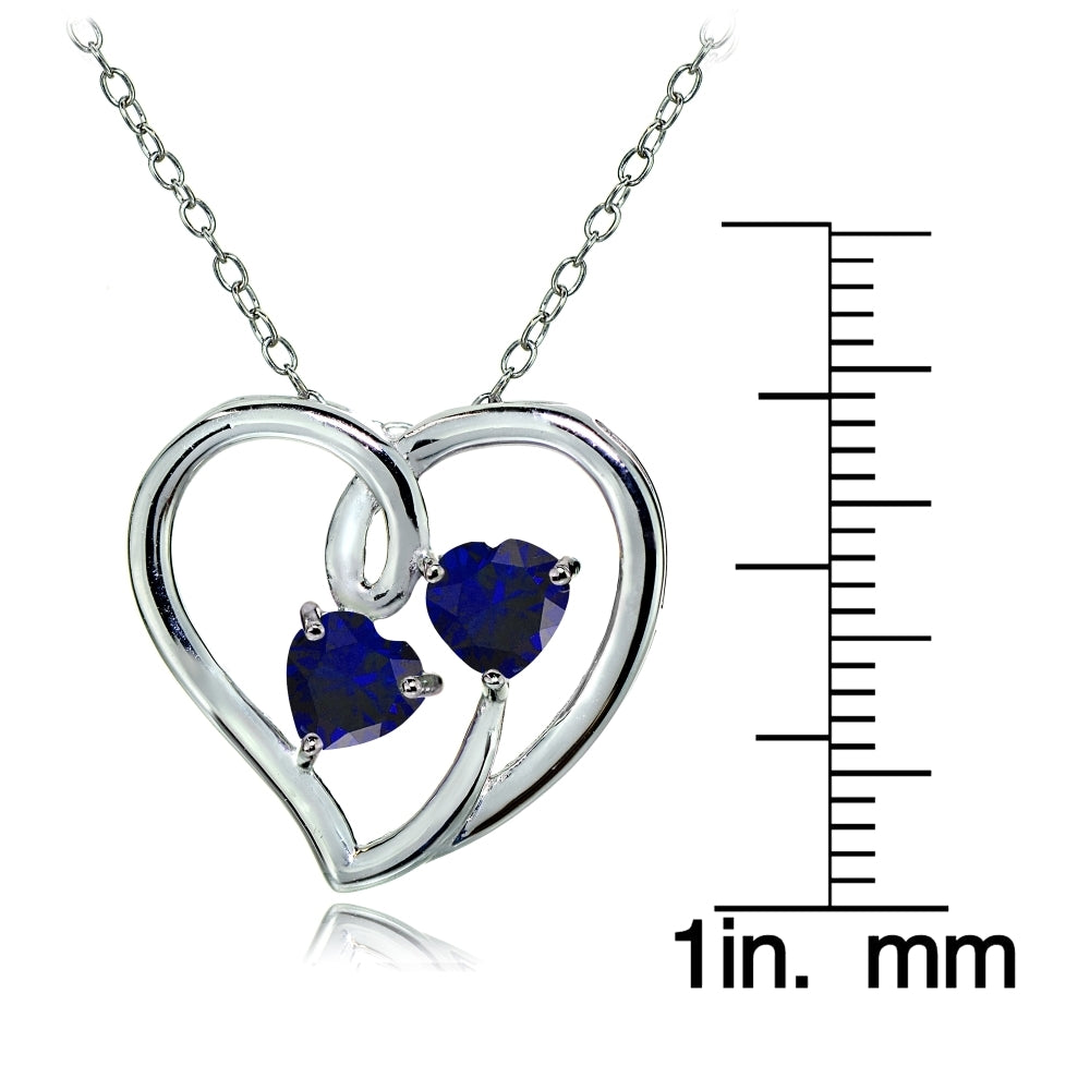 Sterling Silver Created Blue Sapphire Double Open Heart Necklace-3