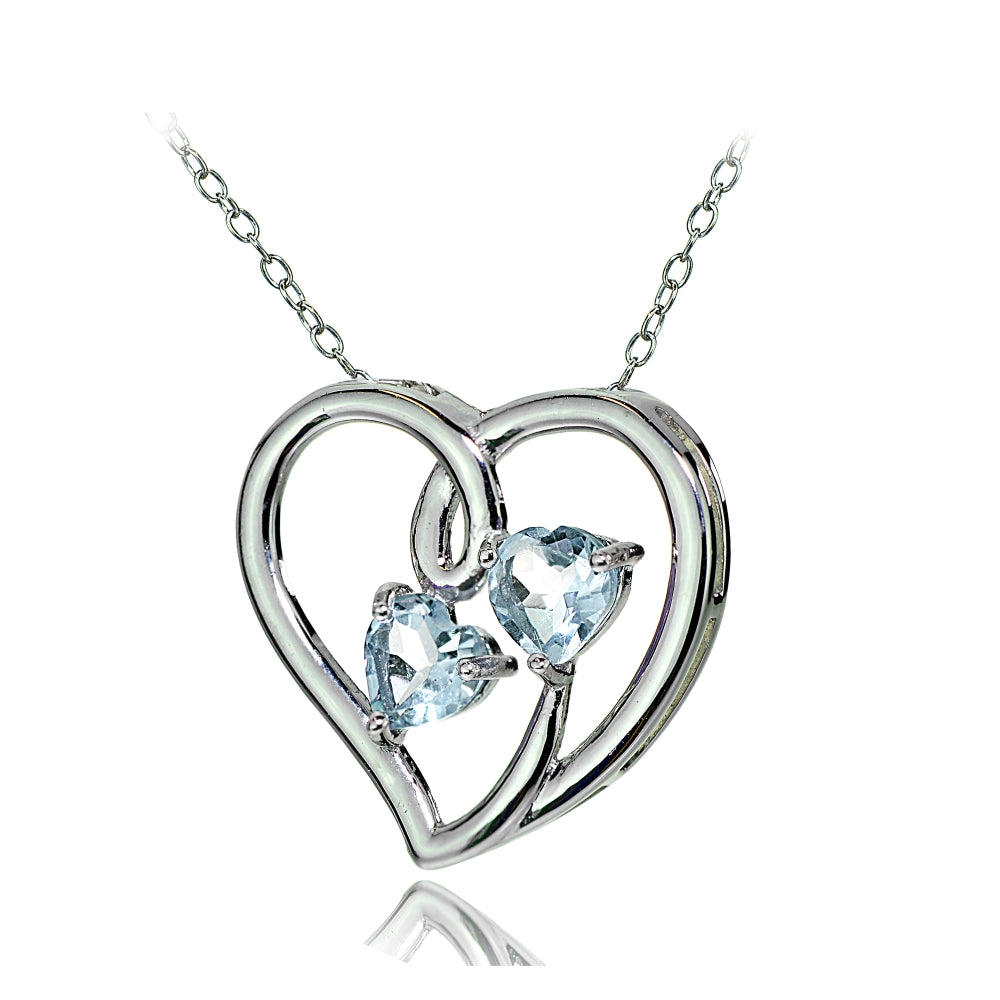 Sterling Silver Blue Topaz Double Open Heart Necklace-2