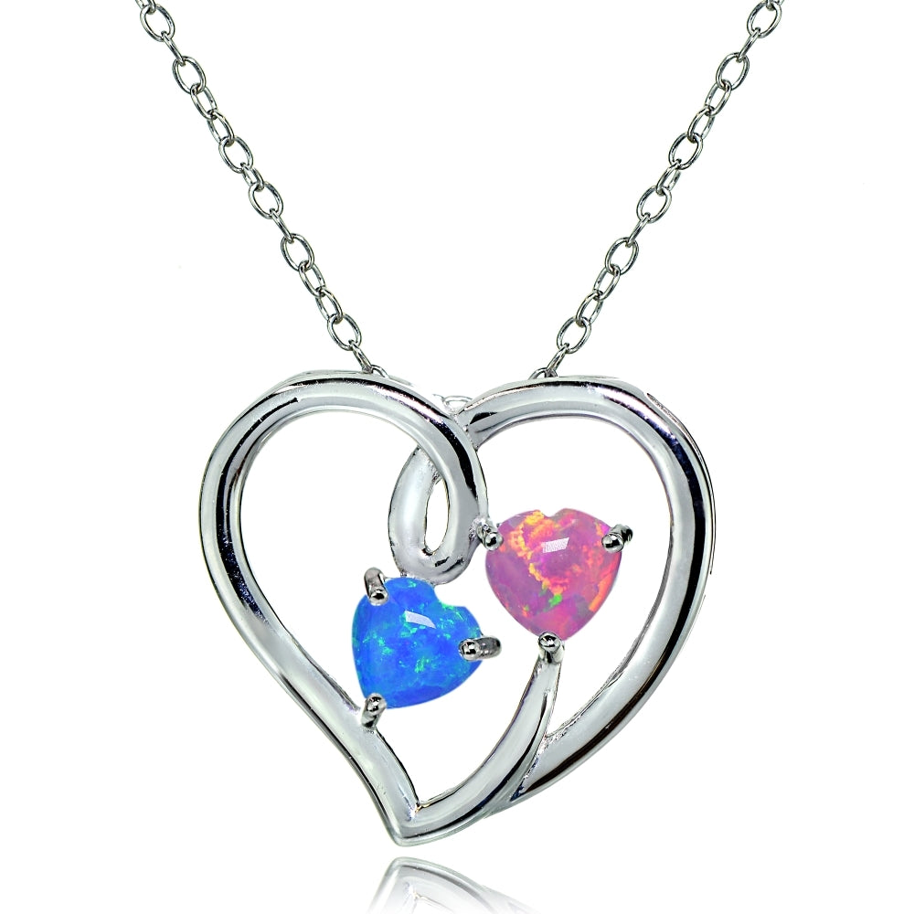 Sterling Silver Created Pink & Blue Opal Double Open Heart Necklace