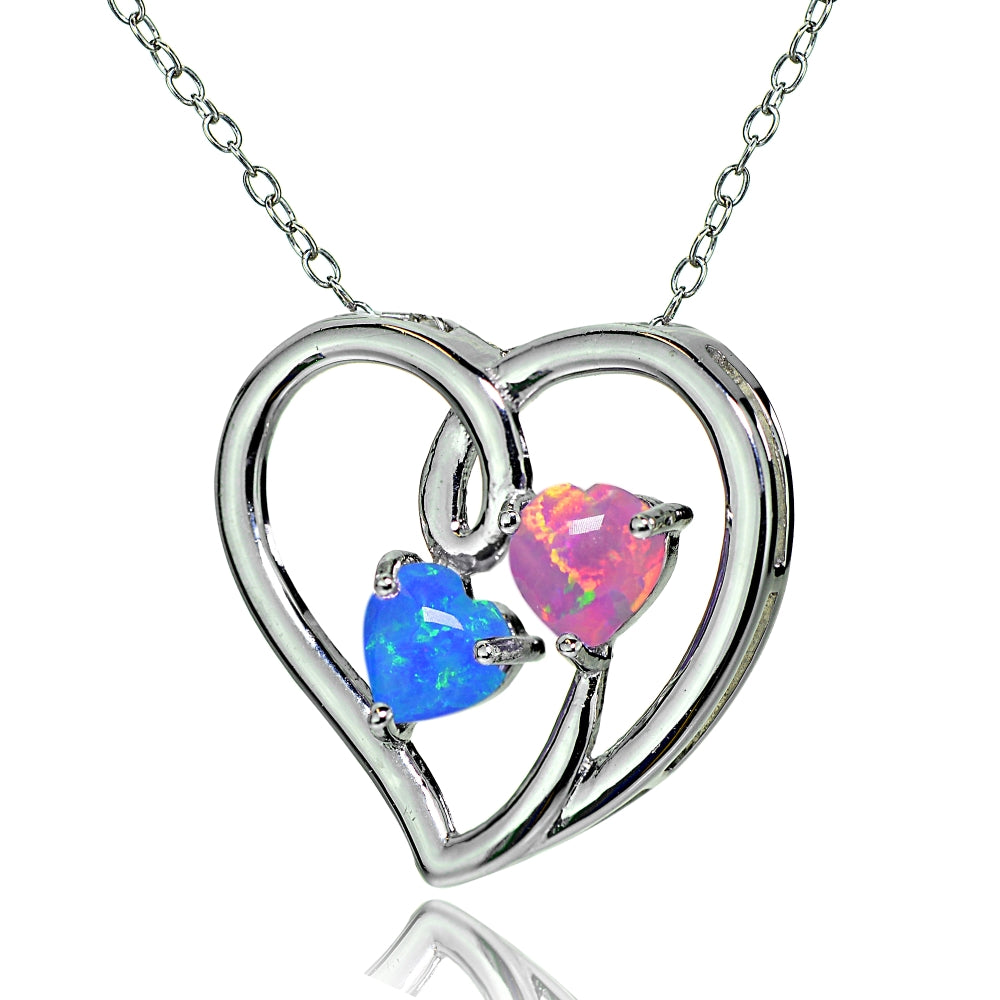 Sterling Silver Created Pink & Blue Opal Double Open Heart Necklace-2