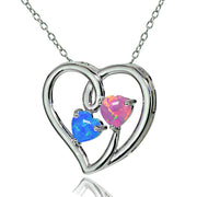 Sterling Silver Created Pink & Blue Opal Double Open Heart Necklace