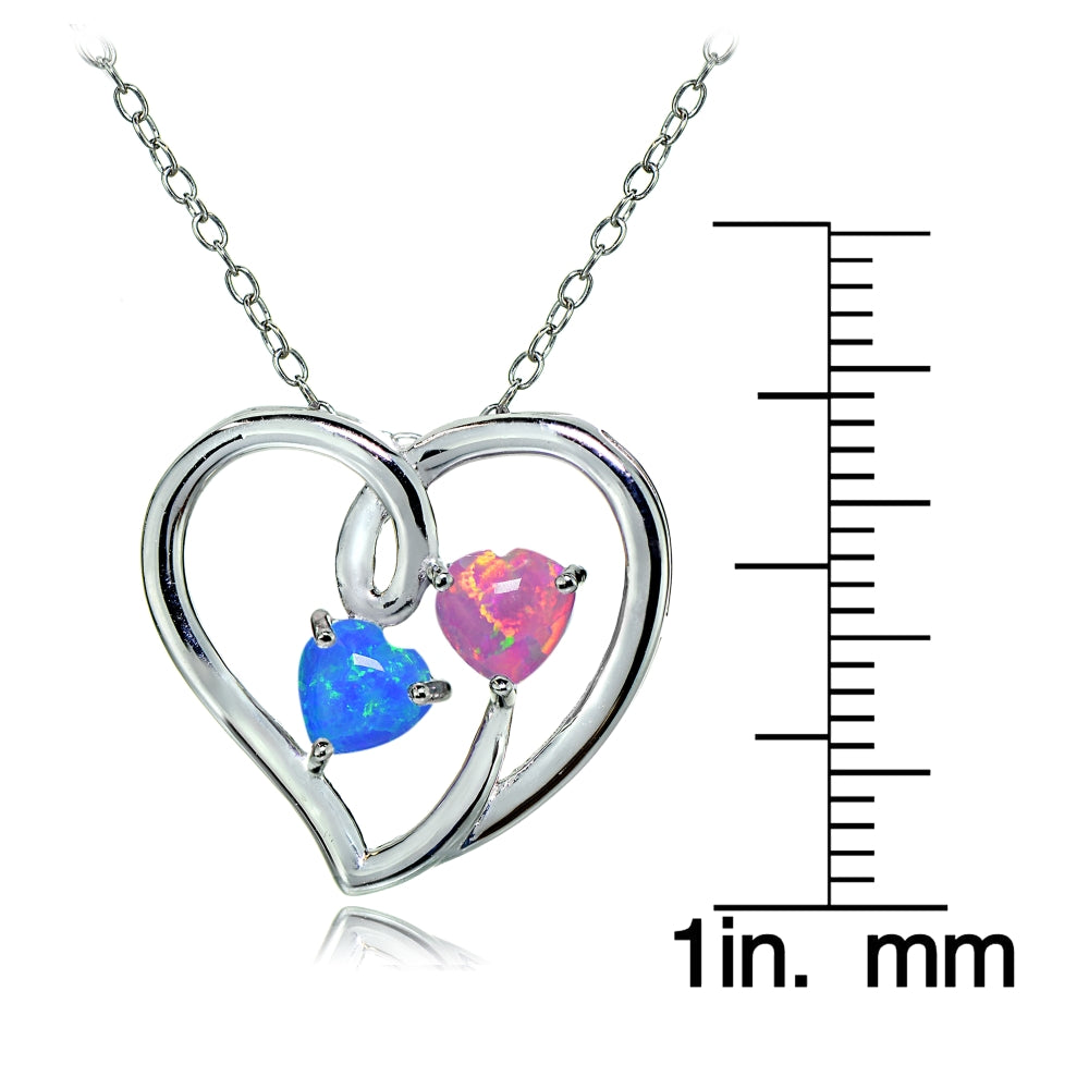 Sterling Silver Created Pink & Blue Opal Double Open Heart Necklace-3