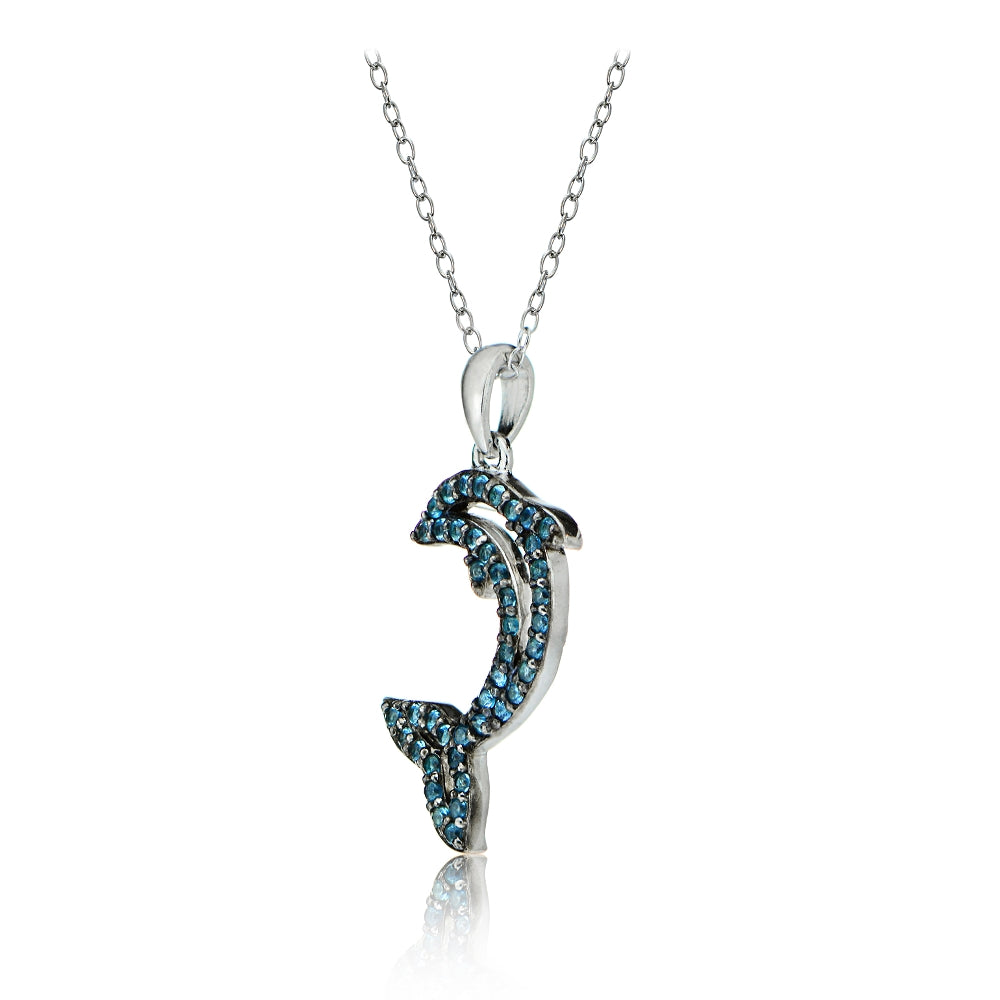 Sterling Silver Nano Created London Blue Topaz Dolpin Necklace-2