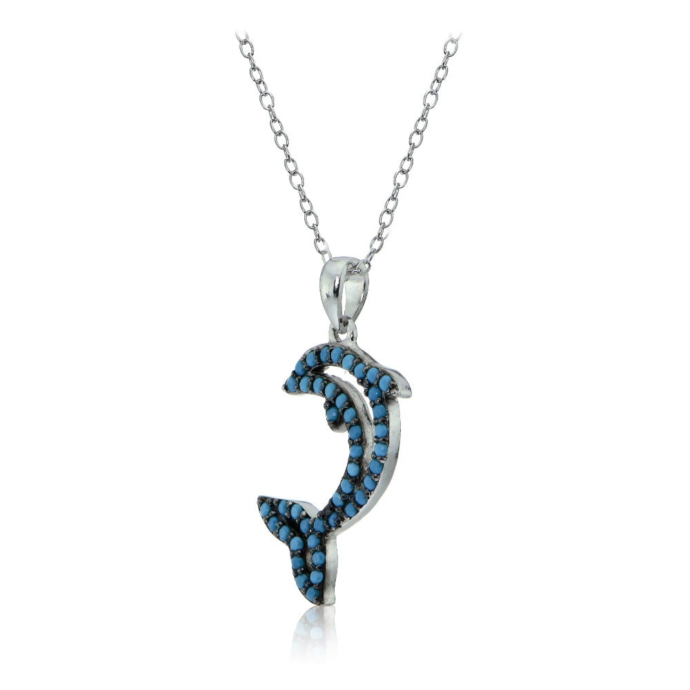 Sterling Silver Nano Created Turquoise Dolphin Necklace-2