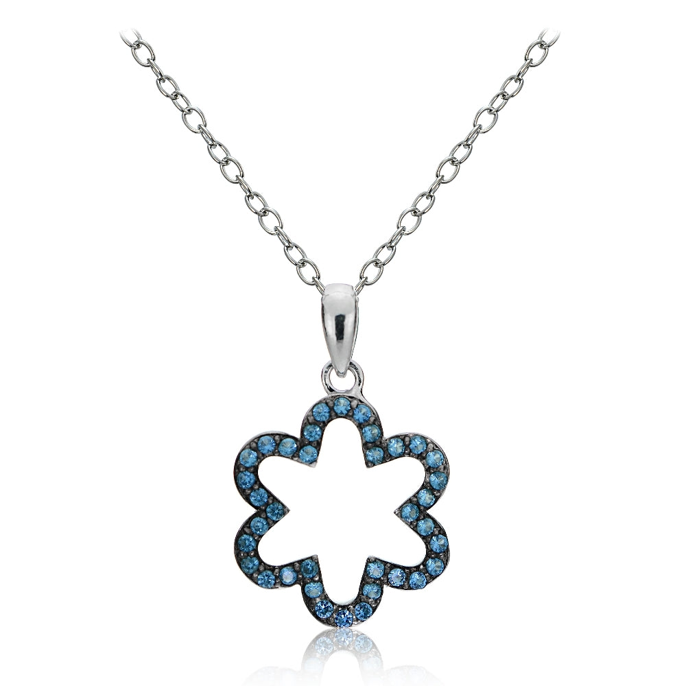 Sterling Silver Nano Created London Blue Topaz Flower Necklace