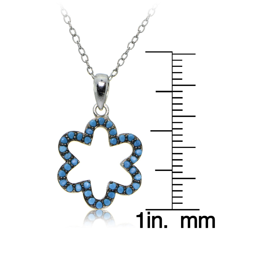 Sterling Silver Nano Created Turquoise Flower Necklace-3