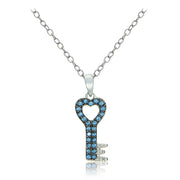 Sterling Silver Nano Created London Blue Topaz Heart Key Necklace