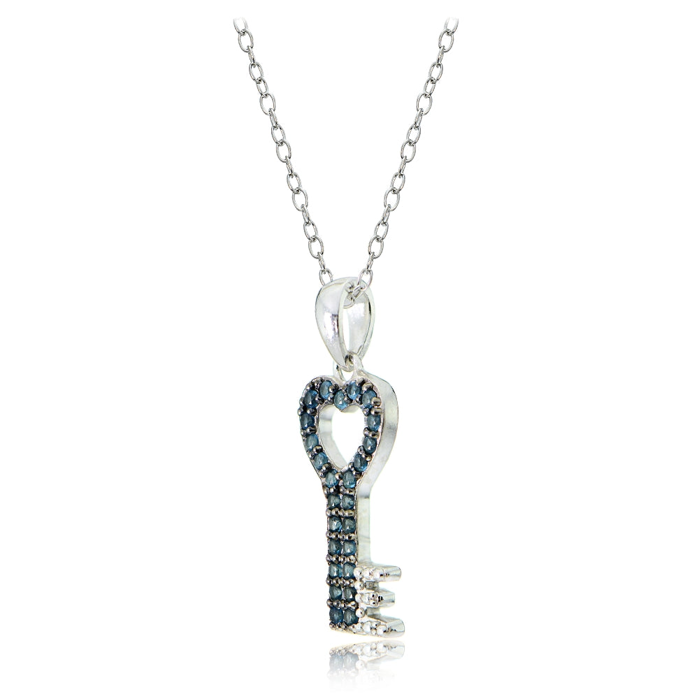 Sterling Silver Nano Created London Blue Topaz Heart Key Necklace-2