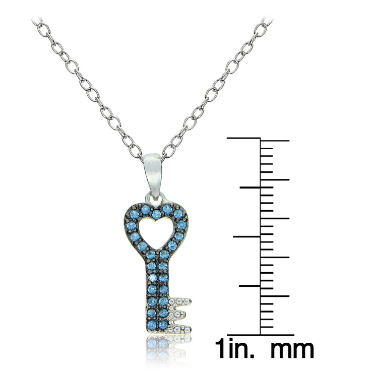 Sterling Silver Nano Created London Blue Topaz Heart Key Necklace