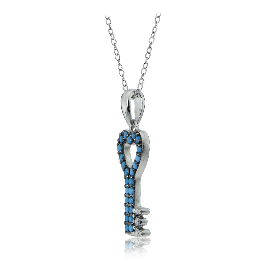 Sterling Silver Nano Created Turquoise Heart Key Necklace-2