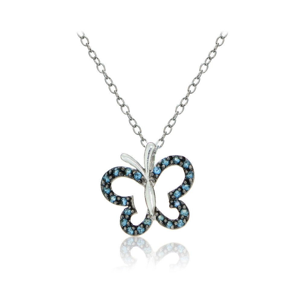 Sterling Silver Nano Created London Blue Topaz Butterfly Necklace