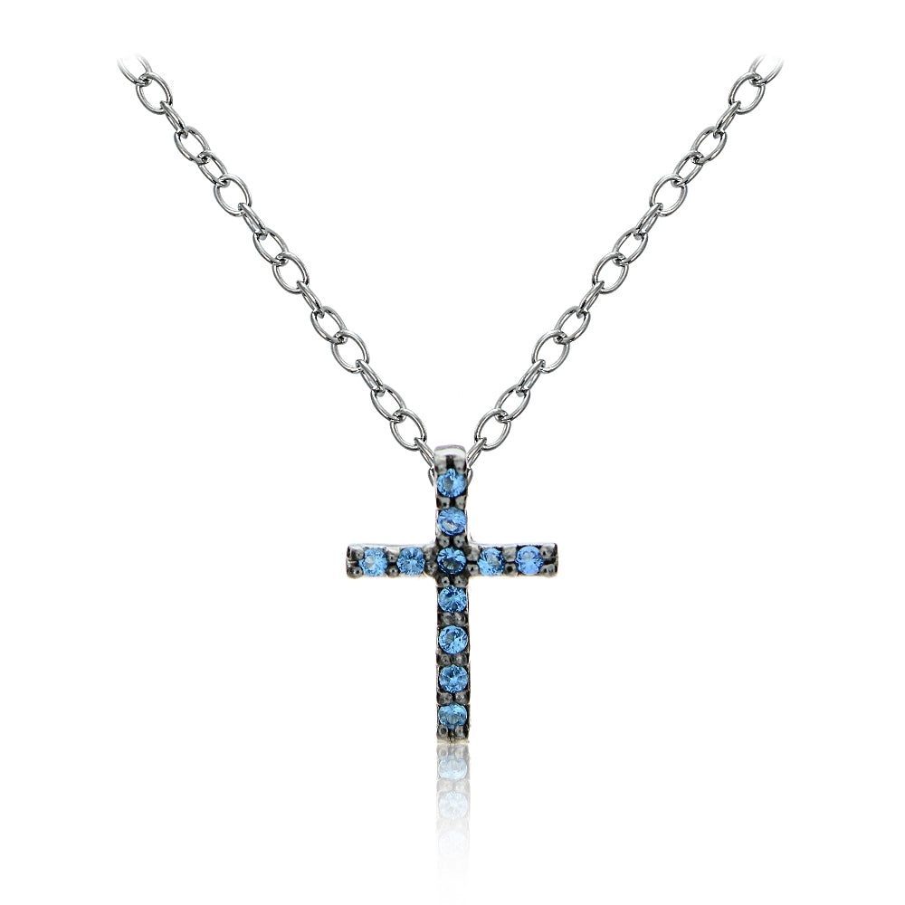 Sterling Silver Nano Created London Blue Topaz Cross Necklace