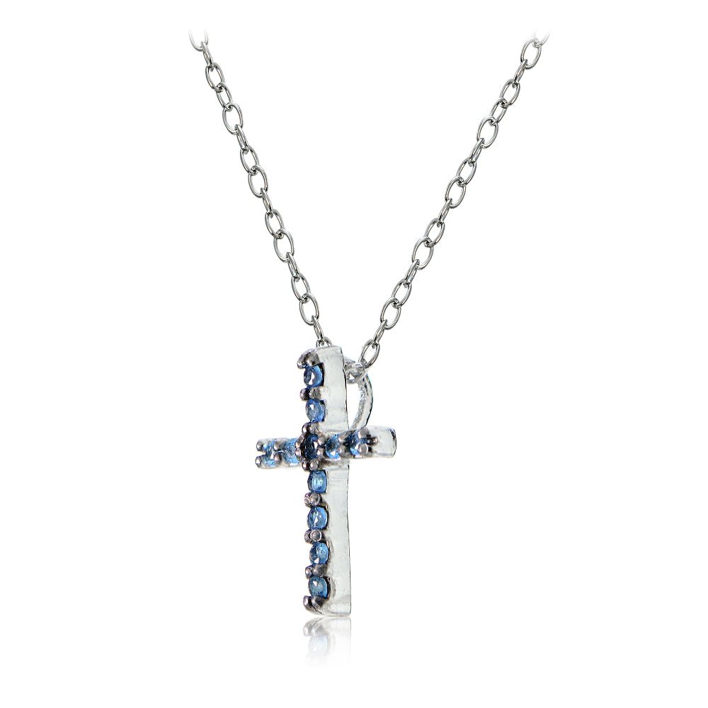 Sterling Silver Nano Created London Blue Topaz Cross Necklace-2