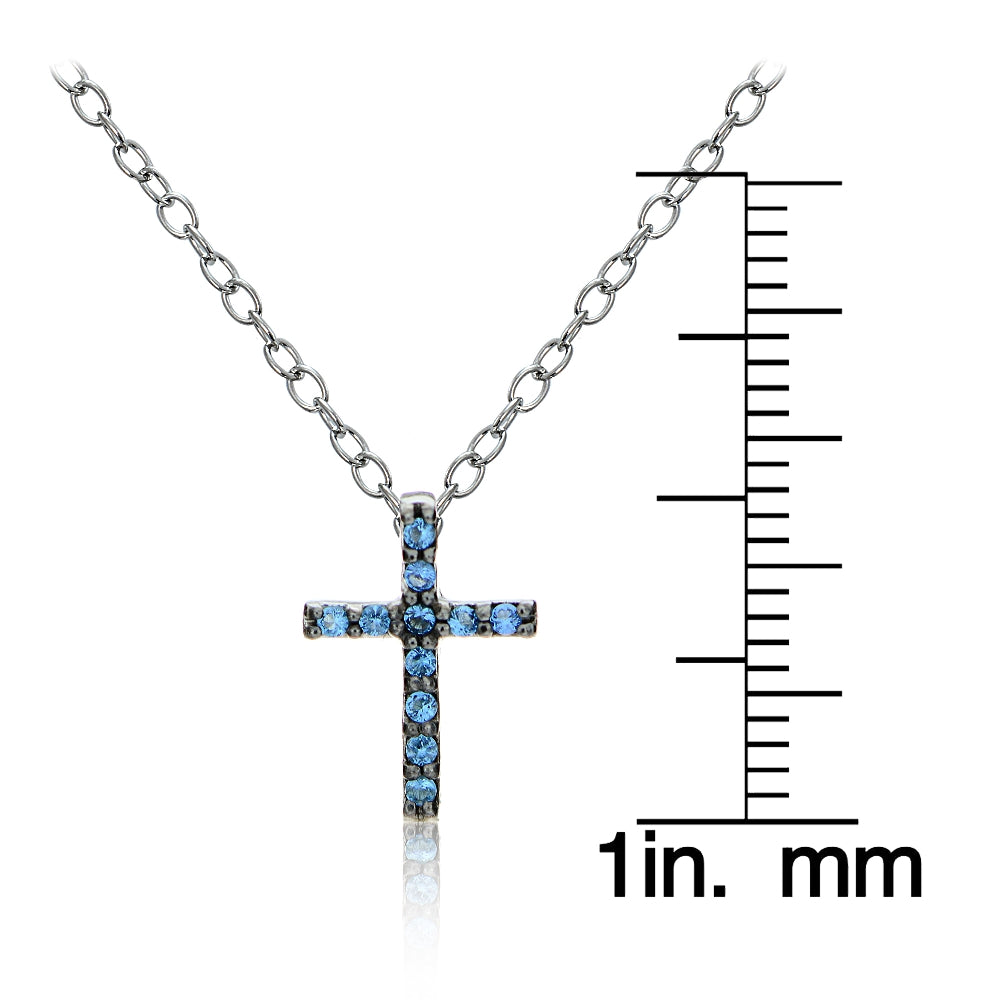 Sterling Silver Nano Created London Blue Topaz Cross Necklace-3