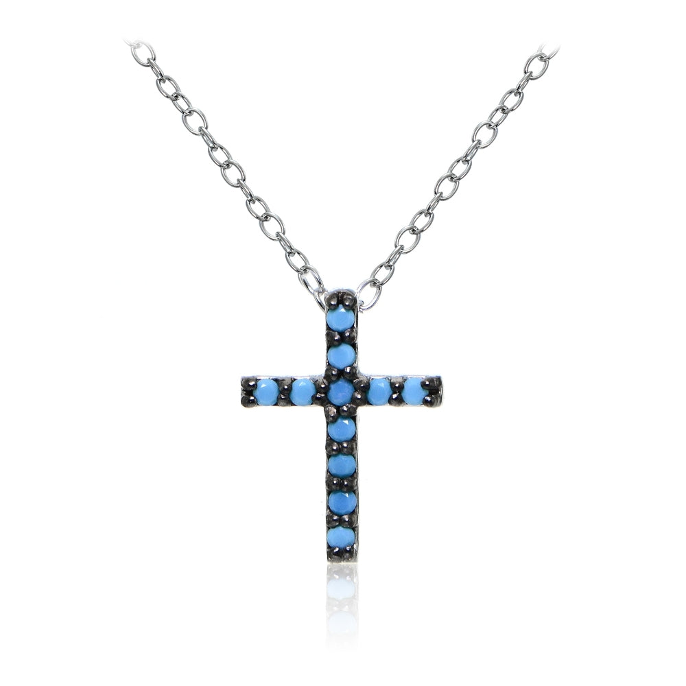 Sterling Silver Nano Created Turquoise Cross Necklace
