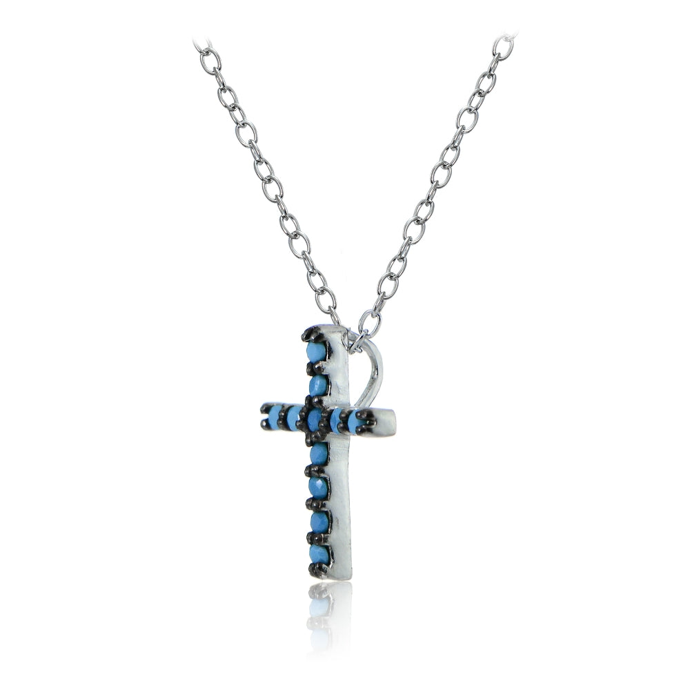 Sterling Silver Nano Created Turquoise Cross Necklace-2