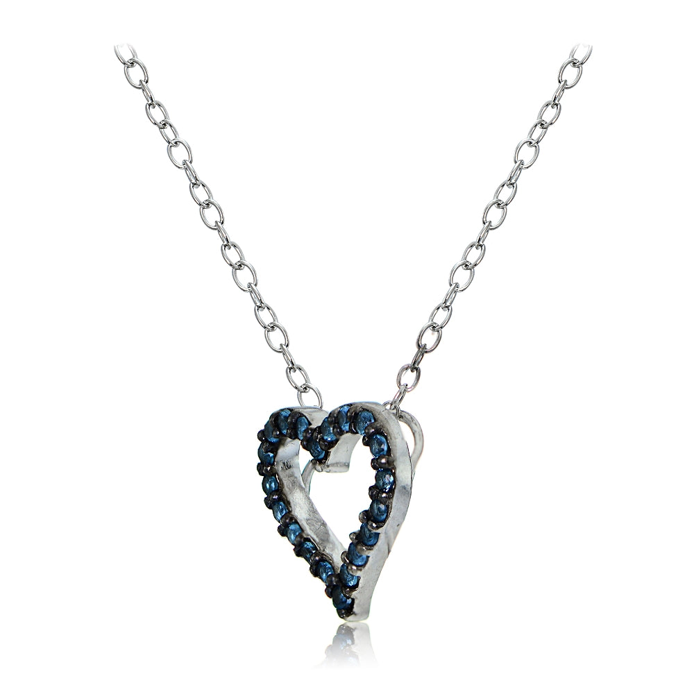 Sterling Silver Nano Created London Blue Topaz  Open Heart Necklace-2