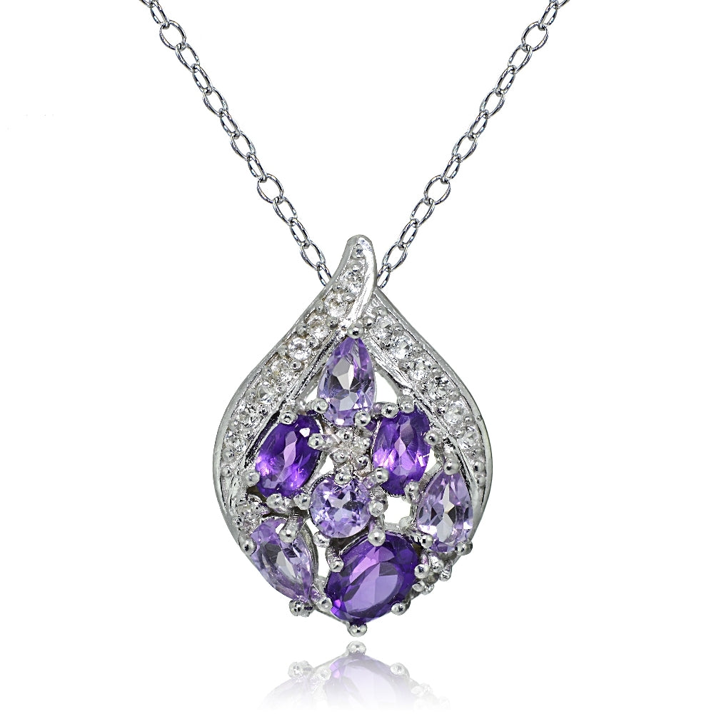 Sterling Silver  African Amethyst and White Topaz Cluster Tonal Teardrop Necklace