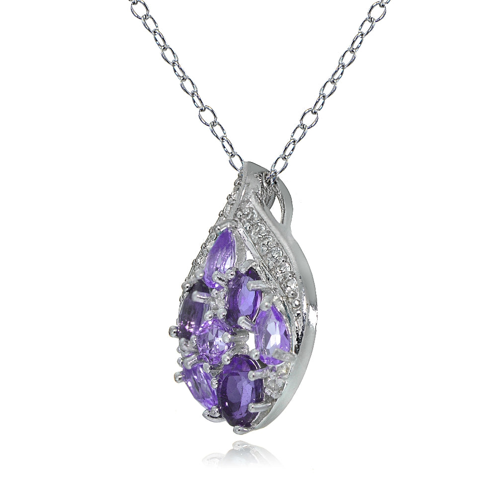 Sterling Silver  African Amethyst and White Topaz Cluster Tonal Teardrop Necklace-2
