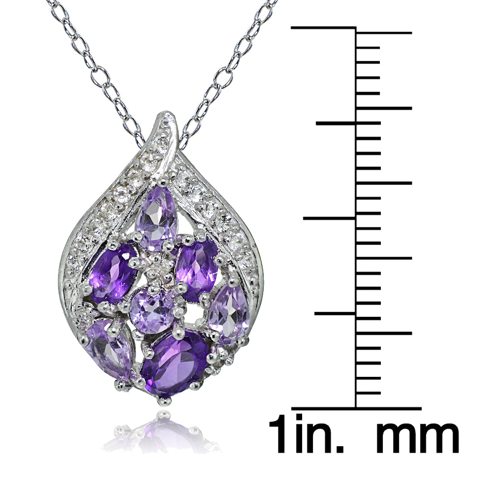Sterling Silver  African Amethyst and White Topaz Cluster Tonal Teardrop Necklace-3