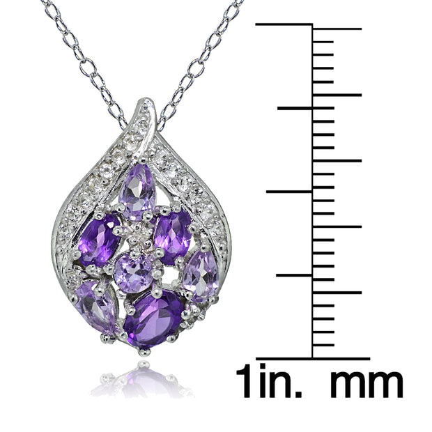 Sterling Silver  African Amethyst and White Topaz Cluster Tonal Teardrop Necklace