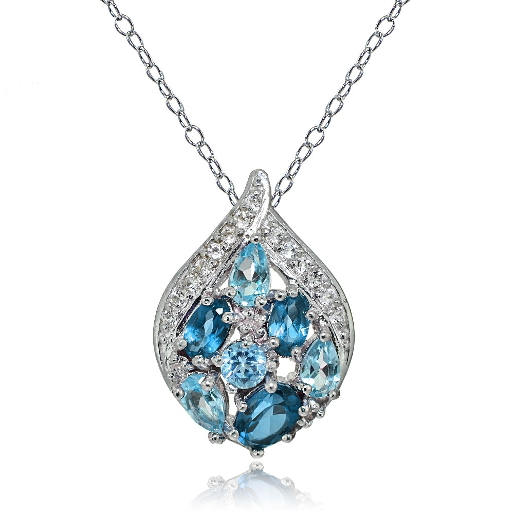 Sterling Silver London Blue, Swiss Blue and White Topaz Cluster Tonal Teardrop Necklace