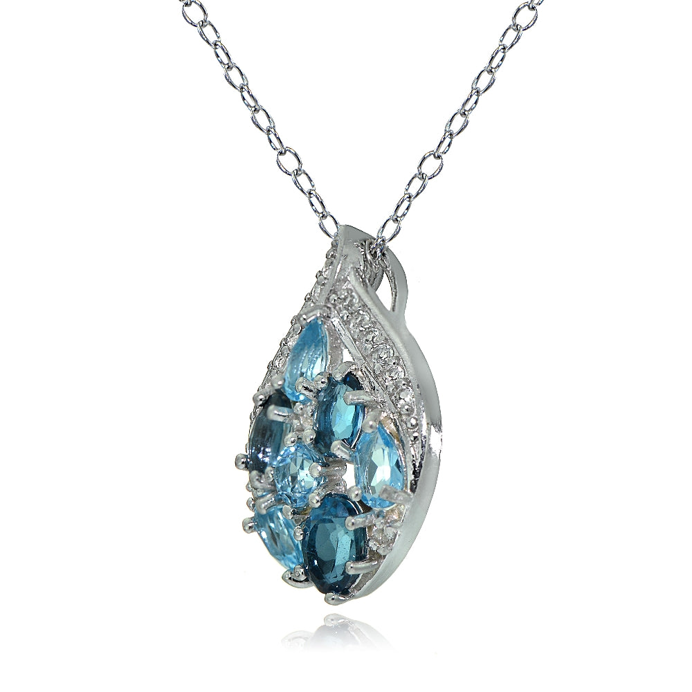 Sterling Silver London Blue, Swiss Blue and White Topaz Cluster Tonal Teardrop Necklace-2
