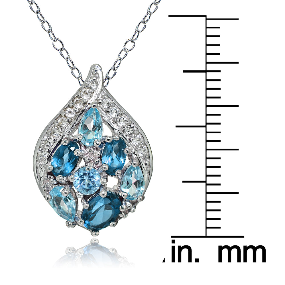 Sterling Silver London Blue, Swiss Blue and White Topaz Cluster Tonal Teardrop Necklace-3