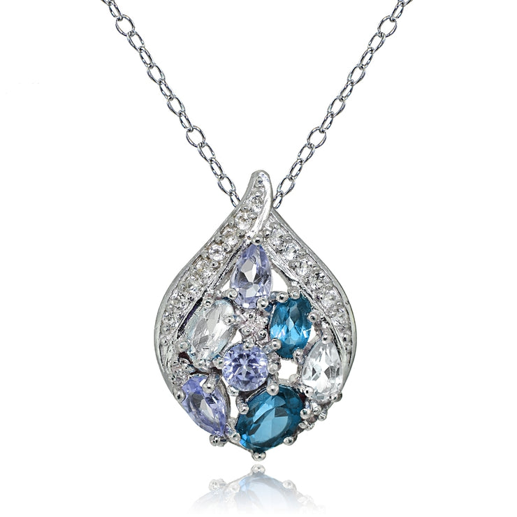 Sterling Silver Tanzanite, Aquamarine, London Blue and White Topaz Cluster Tonal Teardrop Necklace